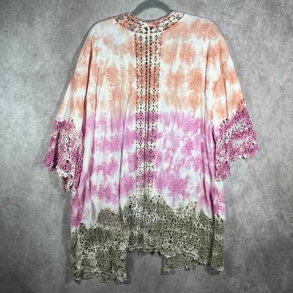 Democracy Kimono Top Womens 2X‎ Multicolor Tie Dye Crochet Trim Open Front Boho - Picture 6 of 11